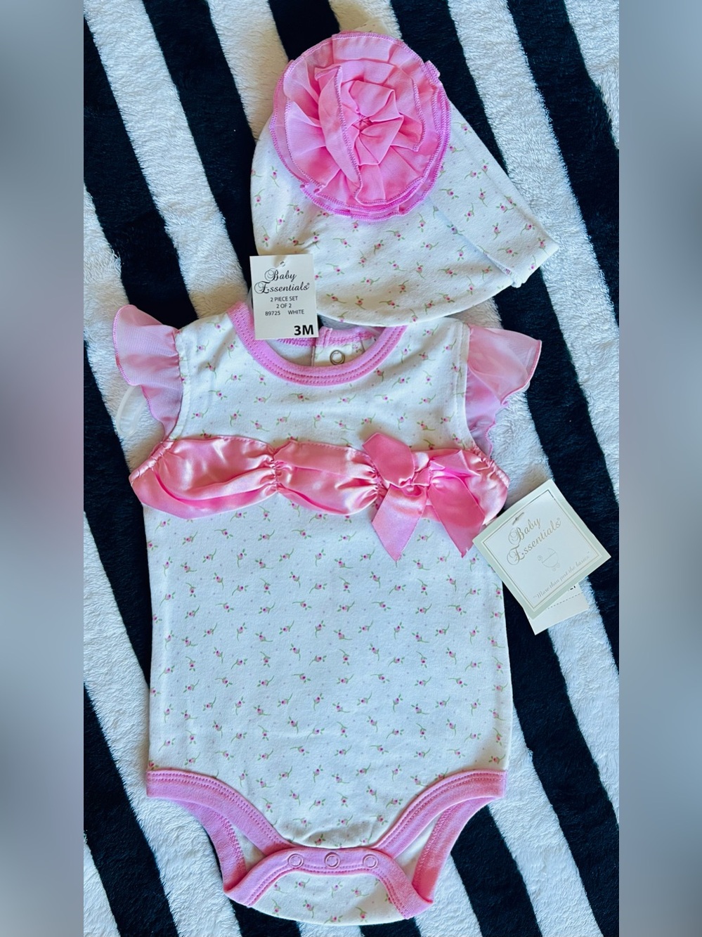 Baby Essentials White Onesie with Pink Satin Ruffle & Bow and Matching Hat